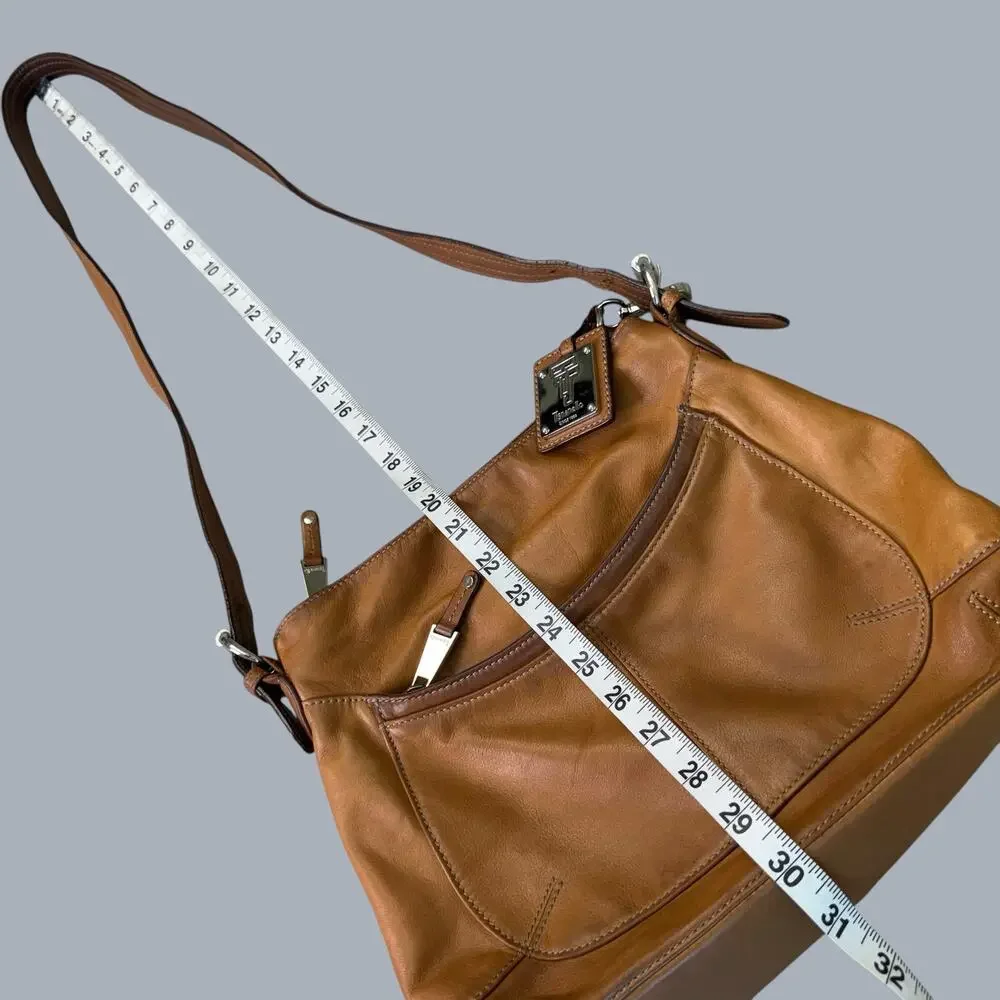 Tignanello Leather Crossbody Shoulder Bag Hobo Slouchy Tan Brown Multi Pockets